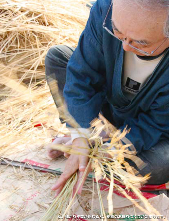 秋。稲刈り作業が終わると、稲穂のお飾りづくりが始まります。